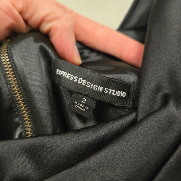 Vintage Express Y2K Women's sz 2 Black Ruched Bodycon Silk Cocktail Dress Sleeve - Picture 5 of 15
